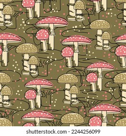 Seamless pattern with mushrooms. Poisonous toadstools and dots on a khaki background. Hand-drawn doodles with splashes of color. Pastel tones. Vector illustration.
