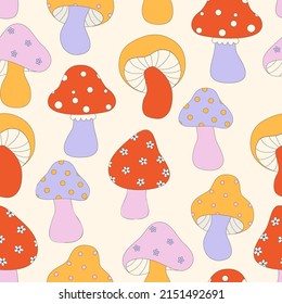 Seamless pattern with mushrooms Pop Color Style Flat Design 70s. Cool trendy retro of hipster retro cool psychedelic elements. Trend vector illustration.