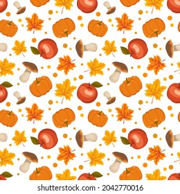 Seamless pattern with mushrooms, pumpkins, apples and maple leaves. Bright autumn print with red and orange gifts of nature