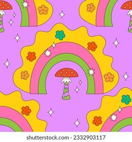 Seamless pattern with mushrooms, rainbows and daisy flowers. Groovy psychedelic vector background. Kid core aesthetic