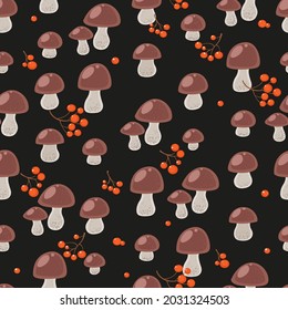 Seamless pattern from mushrooms and red berries on black background