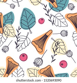Seamless pattern with mushrooms, redheads, colored leaves and poppy buds on a white background