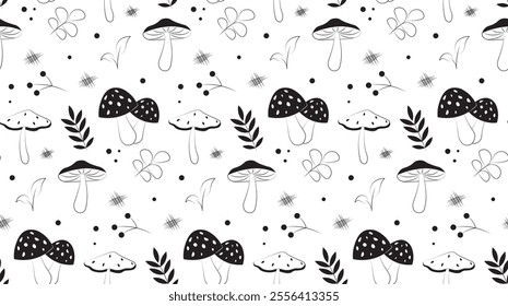 Seamless pattern with mushrooms. Repeating design element for printing on fabric. Mysticism and esotericism, occultism. Fantasy and imagination. Wallpaper and texture. Linear vector illustration