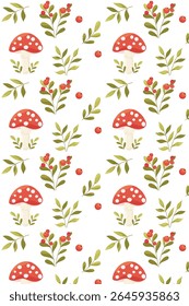 Seamless pattern with mushrooms, repeating tile with lingonberries, forest branches and mushrooms, cute vector fabric design for commercial use