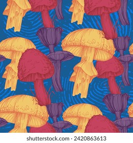 Seamless pattern of mushrooms. Seamless pattern, retro 60s, 70s hippie style fun wallpaper. Vintage meadow, wonderland. Tricky textile, fabric, wrapping, wallpaper, background.