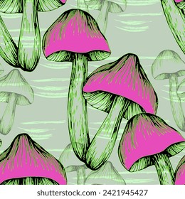 Seamless pattern of mushrooms. Seamless pattern, retro 60s, 70s hippie style fun wallpaper. Vintage meadow, wonderland. Tricky textile, fabric, wrapping, wallpaper, background.