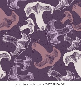 Seamless pattern of mushrooms. Seamless pattern, retro 60s, 70s hippie style fun wallpaper. Vintage meadow, wonderland. Tricky textile, fabric, wrapping, wallpaper, background.