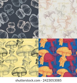 Seamless pattern of mushrooms. Seamless pattern, retro 60s, 70s hippie style fun wallpaper. Vintage meadow, wonderland. Tricky textile, fabric, wrapping, wallpaper, background.