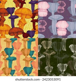 Seamless pattern of mushrooms. Seamless pattern, retro 60s, 70s hippie style fun wallpaper. Vintage meadow, wonderland. Tricky textile, fabric, wrapping, wallpaper, background.