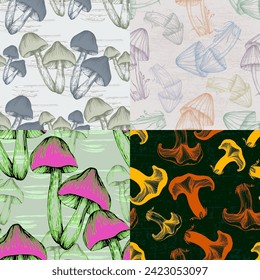 Nahtlose Muster von Pilzen. Nahtloses Muster, Retro-60er, Hippie-Stil-Wallpaper im Stil der 70er Jahre. Vintage Wiese, Wunderland. Trickige Textilien, Gewebe, Umhüllung, Tapete, Hintergrund.