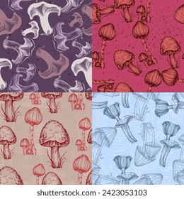 Nahtlose Muster von Pilzen. Nahtloses Muster, Retro-60er, Hippie-Stil-Wallpaper im Stil der 70er Jahre. Vintage Wiese, Wunderland. Trickige Textilien, Gewebe, Umhüllung, Tapete, Hintergrund.
