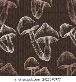 Patrón de setas sin foco. Patrón sin foco, retrospectiva de los 60, estilo hippie de los 70, fondo de pantalla divertido. Prado vintage, tierra maravillosa. Tejidos, tejidos, envolturas, papel pintado, fondo.