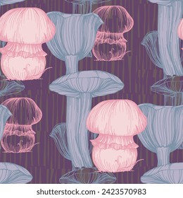 Seamless pattern of mushrooms. Seamless pattern, retro 60s, 70s hippie style fun wallpaper. Vintage meadow, wonderland. Tricky textile, fabric, wrapping, wallpaper, background.