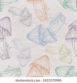 Seamless pattern of mushrooms. Seamless pattern, retro 60s, 70s hippie style fun wallpaper. Vintage meadow, wonderland. Tricky textile, fabric, wrapping, wallpaper, background.