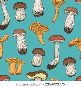 Seamless pattern with mushrooms in retro engraving style. Vintage hand-drawn print for design and textile.