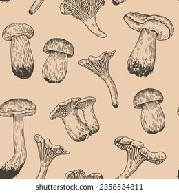 Seamless pattern with mushrooms in retro engraving style. Vintage black and white detailed hand-drawn print for design and textile.