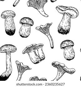 Seamless pattern with mushrooms in retro engraving style. Vintage black and white detailed hand-drawn print for design and textile.