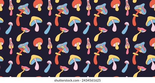 Seamless pattern with Mushrooms. Retro style. Psychedelic Groovy banner with bright mushrooms. Various mushrooms on black backdrop. Trendy poster, background, textile, wallpaper. Vector illustration