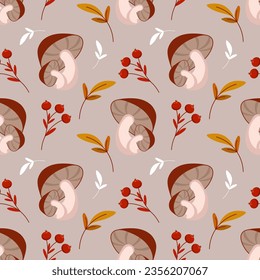 Seamless pattern, mushrooms, rowan, acorn and leaves on a beige background. Autumn print, textile, background, vector	
