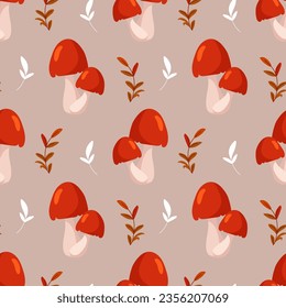 Seamless pattern, mushrooms, rowan, acorn and leaves on a beige background. Autumn print, textile, background, vector	
