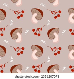 Seamless pattern, mushrooms, rowan, acorn and leaves on a beige background. Autumn print, textile, background, vector	
