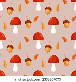 Seamless pattern, mushrooms, rowan, acorn and leaves on a beige background. Autumn print, textile, background, vector	
