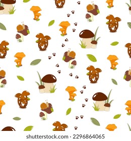 Seamless pattern of mushrooms and snails with footprints in cartoon style for children's textiles and decor. White mushrooms, chanterelles, honey agaric, boletus, cute snails.