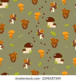 Seamless pattern of mushrooms and snails with footprints on a green background in a cartoon style for children's textiles and decor. White mushrooms, chanterelles, honey mushrooms, aspen mushrooms, cu