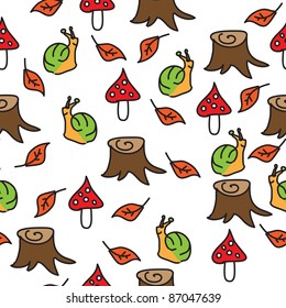 Seamless pattern with mushrooms, snails, leaves and stumps
