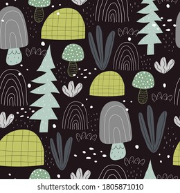 seamless pattern with mushrooms, spruce, rainbows, decor elements on a neutral background. Forest, simple flat vector. hand drawing. design for fabric, print, wrapper