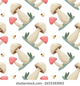 Seamless pattern Mushrooms, stump with mushrooms, bee. Hand drawn. grass, meadow. Mushroom meadow. Cute and cozy style, white background. Vector.