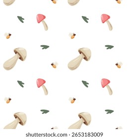 Seamless pattern Mushrooms, stump with mushrooms, bee. Hand drawn. grass, meadow. Mushroom meadow. Cute and cozy style, white background. Vector.