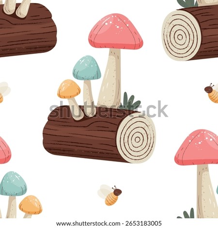 Seamless pattern Mushrooms, stump with mushrooms, bee. Hand drawn. grass, meadow. Mushroom meadow. Cute and cozy style, white background. Vector.