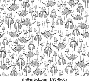 Seamless pattern with mushrooms and toadstool. Vector  illustration for cover, fabric, wrapping paper, banner. Dark drawing on white background