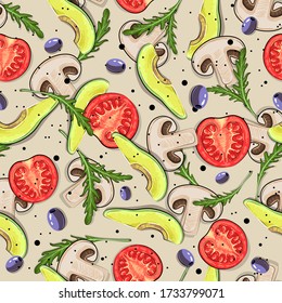 Seamless pattern with mushrooms, tomato, avocado, olives and arugula. Vegan background