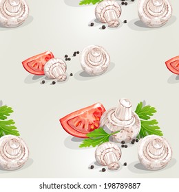 Seamless pattern with mushrooms and tomatoes