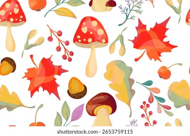Padrão sem emenda com cogumelos, galhos e bagas. Desenho de outono bonito para fundo, têxtil, papel de embrulho. Vetor