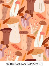 Seamless pattern with mushrooms. Vector autumn wallpaper with mushrooms. Beautiful mushroom background.