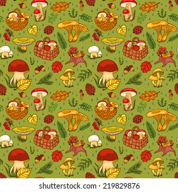 Seamless pattern with mushrooms. Vector cartoon background. 