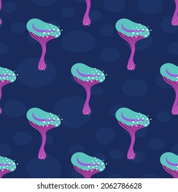 seamless pattern with mushrooms, vector graphics, background with colored mushrooms on dark