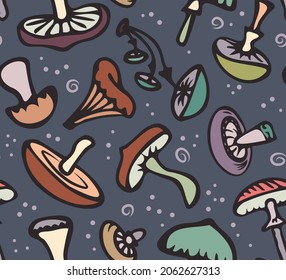 Seamless pattern with mushrooms. Vector image. Colored mushrooms on a gray background. Printing of wrapping paper, fabric.