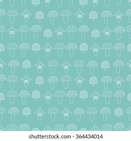 Seamless pattern of mushrooms. White mushrooms on line turquoise background, painted in the style of doodle.