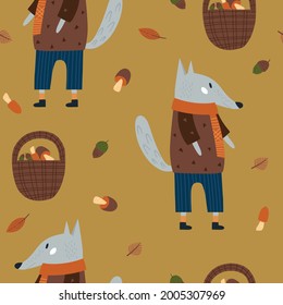 Seamless pattern with mushrooms and wolf. Modern fall seasonal decor. Endless background for fabric, textile, kids design. Hand drawn vector illustration.