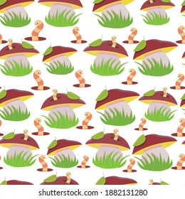 seamless pattern with mushrooms and worms. forest pattern. stock vector illustration isolated on white background for printing on fabric and paper.