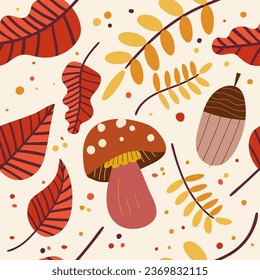 seamless pattern with mushrooms,acorn and leaves