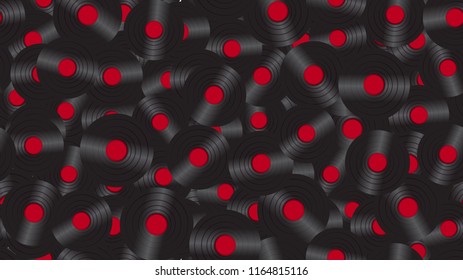Seamless pattern from music audio of an old vintage retro hipster antique vinyl record on a background of 60s, 70s, 80s, 90s. The background. Vector illustration.