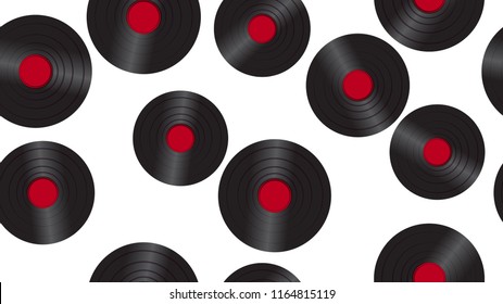 Seamless pattern from music audio of an old vintage retro hipster antique vinyl record on a background of 60s, 70s, 80s, 90s. The background. Vector illustration.