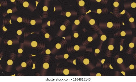 Seamless pattern from music audio of an old vintage retro hipster antique vinyl record on a background of 60s, 70s, 80s, 90s. The background. Vector illustration.