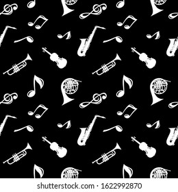 Seamless pattern - Music background of musical notes and musical instruments. Vector illustration isolated on black.