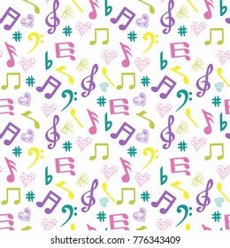 Seamless pattern with music black notes vector background with colorful music-notes and hearts on white background  